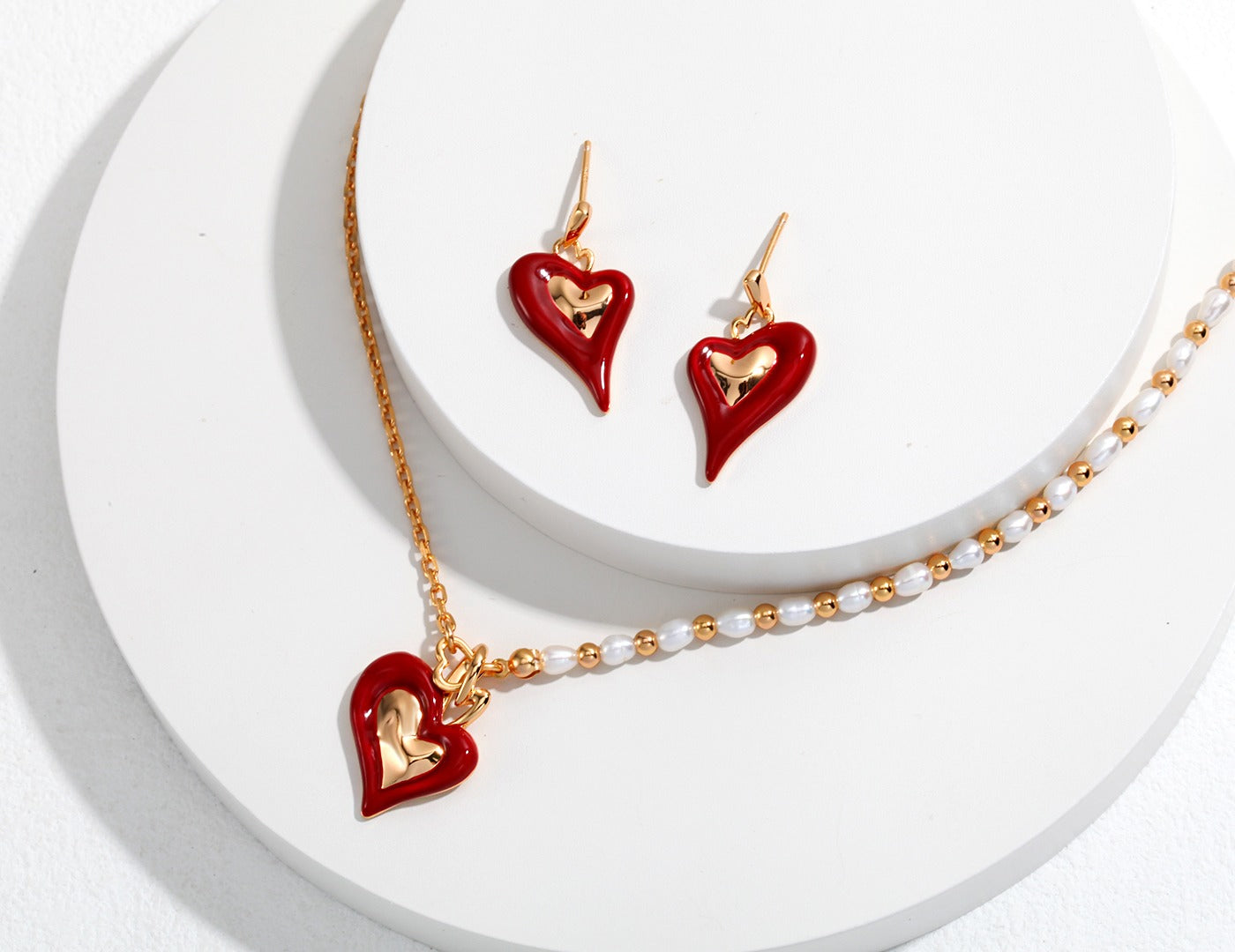 Vintage Gold Heart-shape Glazed Necklace and Earrings_Ros'Choice Jewelry